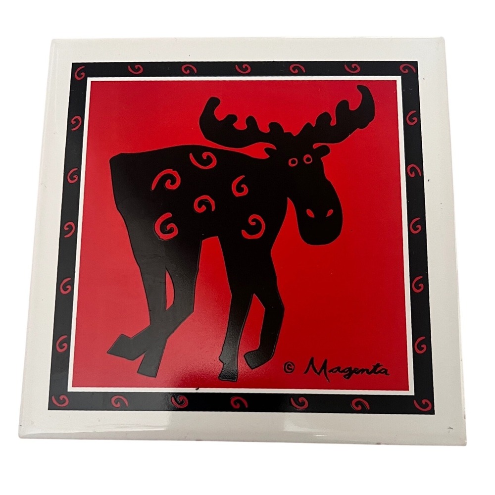Magenta Moose Ceramic Tile Trivet Cork Back Wall Hanging Red Black Lodge Decor